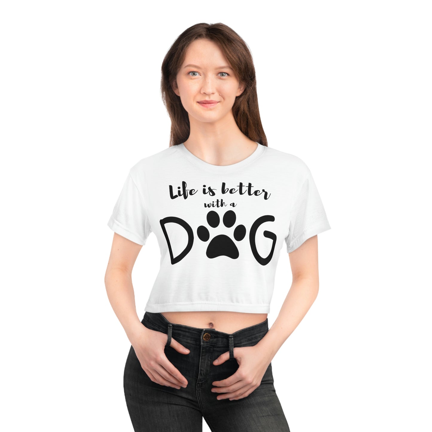 Word Art Collection - AOP Crop Tee - Life is Better with a Dog in White