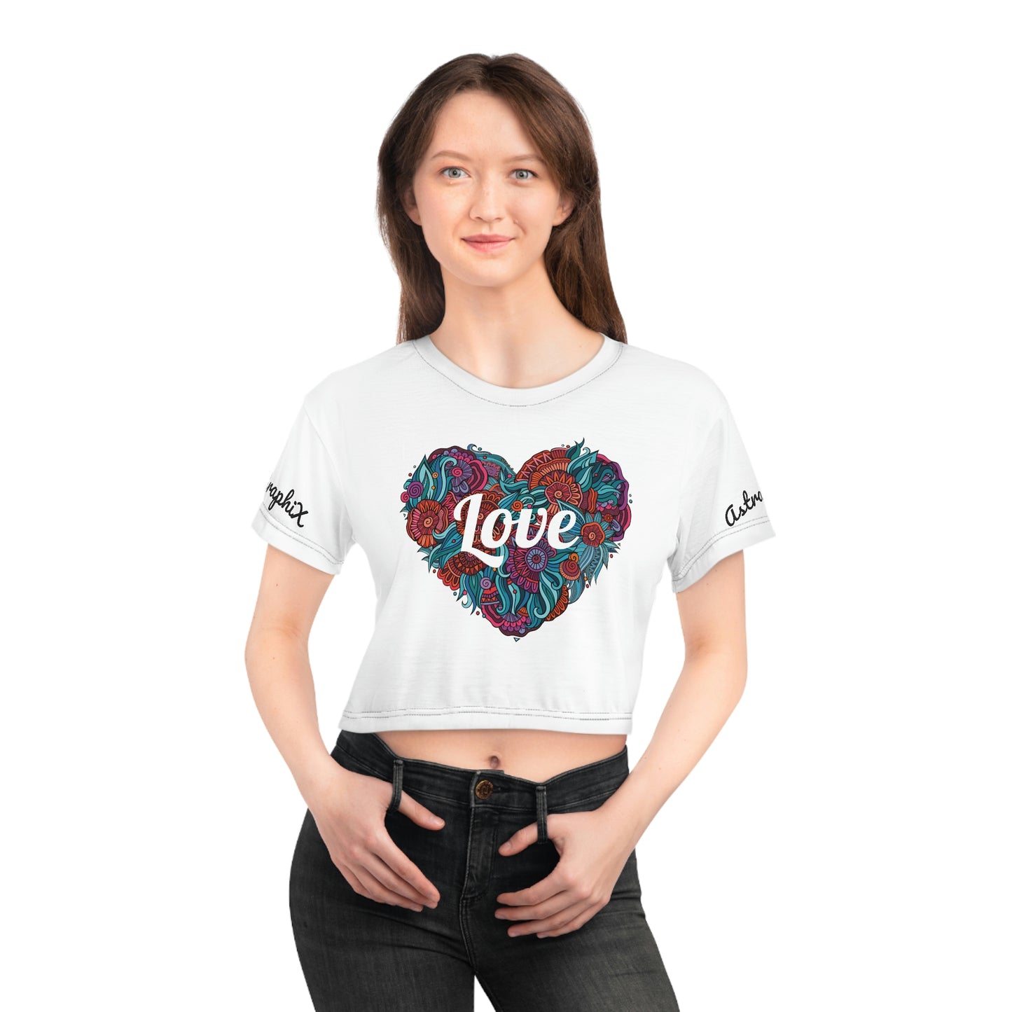 Word Art Collection - AOP Crop Tee - Love, Heart, Flowers in White