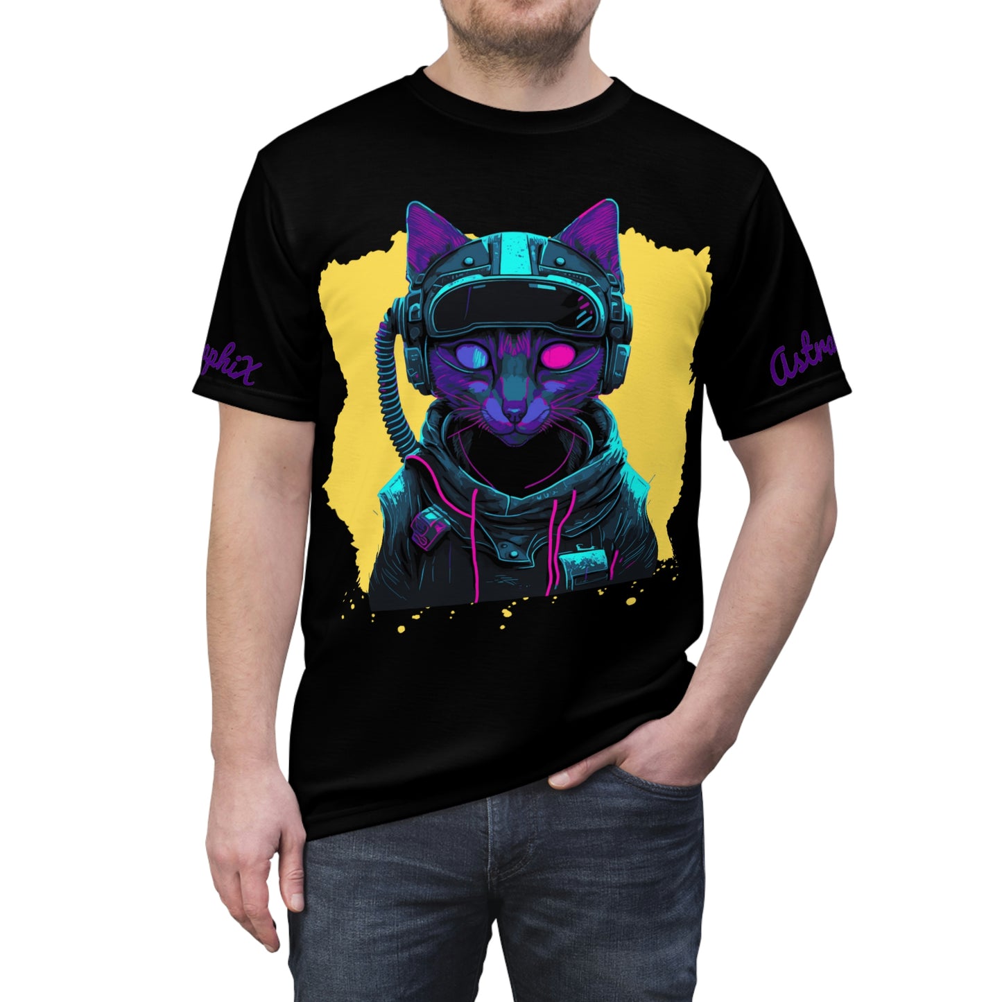 Cyber Punk Collection - Unisex AOP Cut & Sew Tee - Cyber Kitty v1 in Black