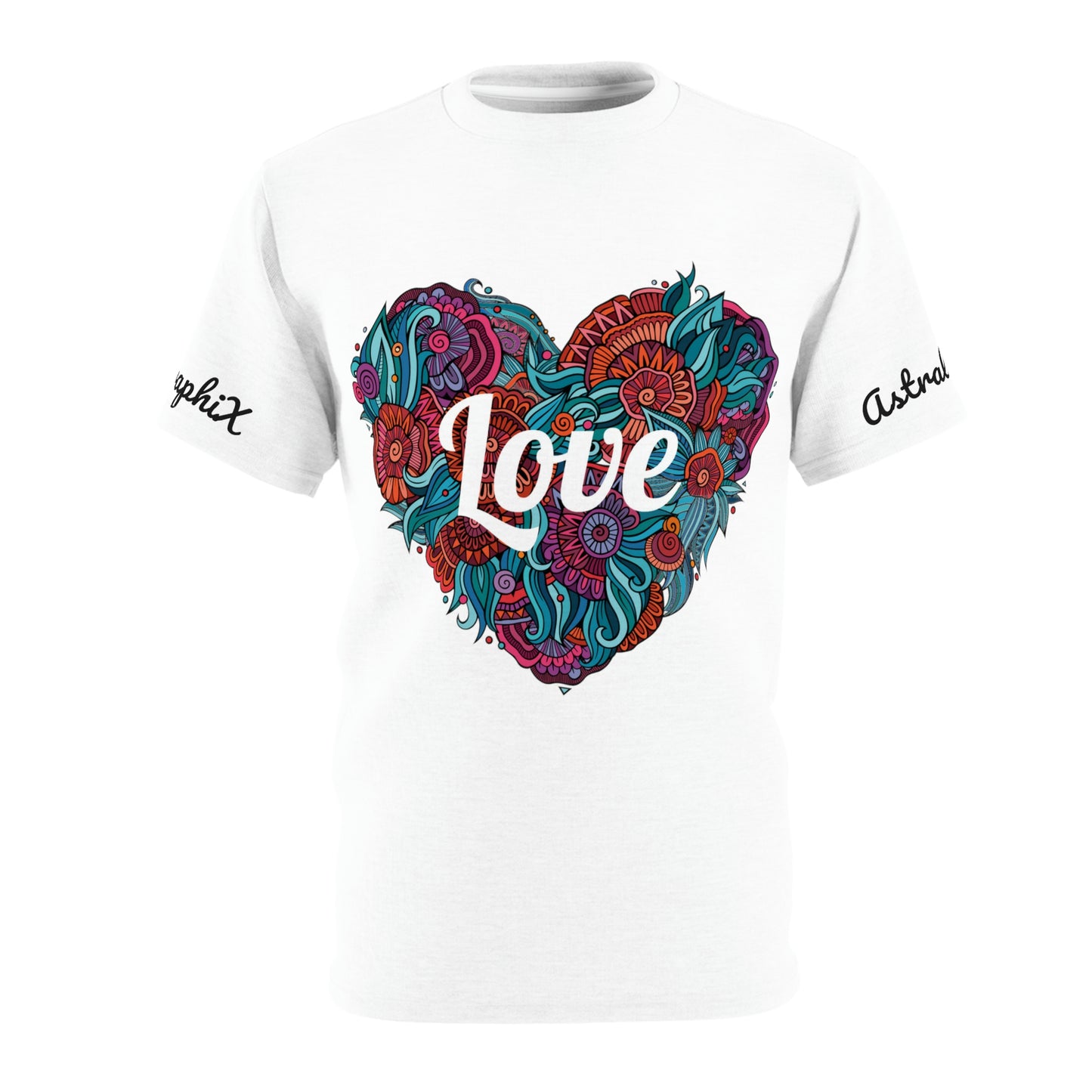 Word Art Collection - Unisex AOP Cut & Sew Tee - Love, Heart, Flowers in White